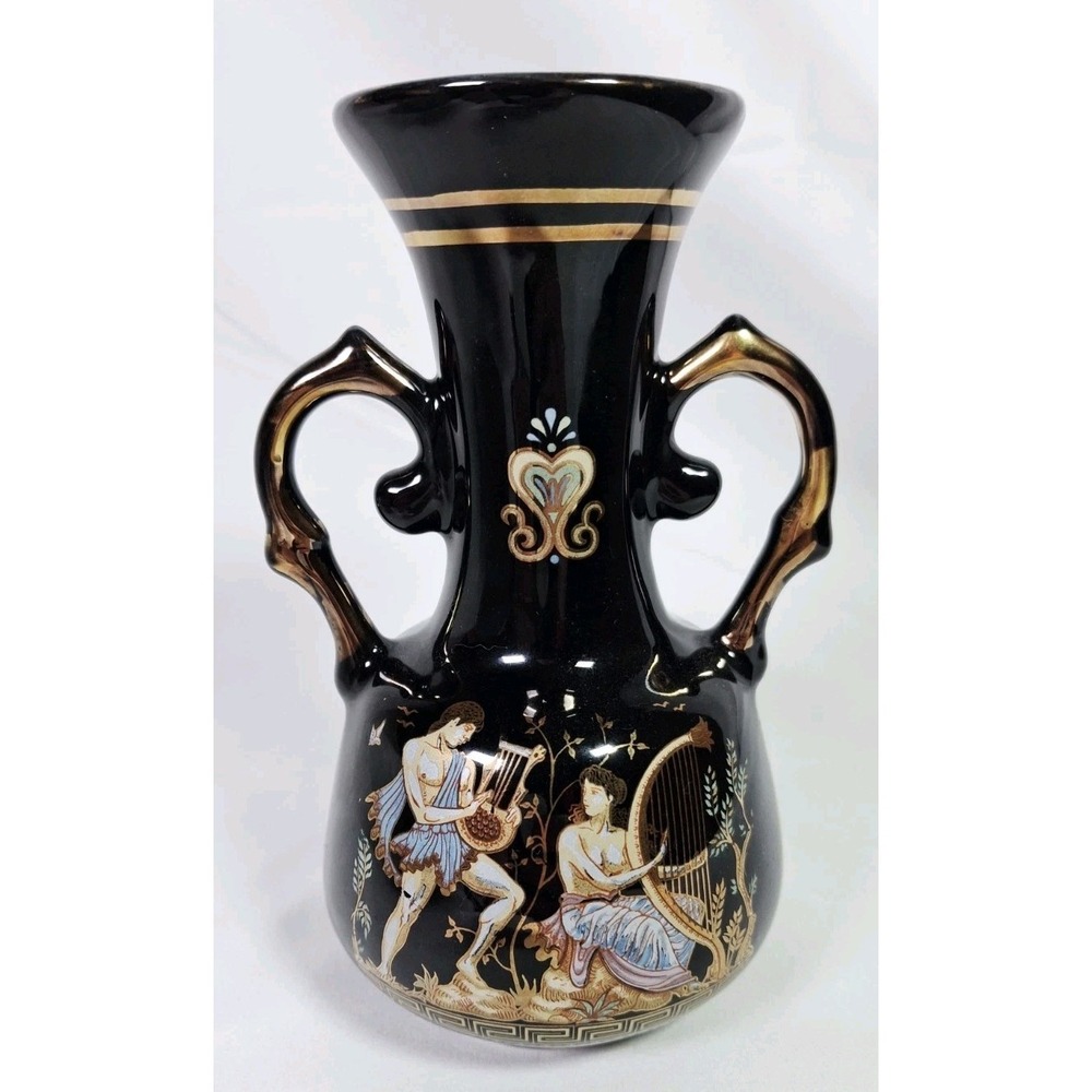 Vintage Greek Mythology Black Gold Amphora Vase‎ Double Handle Urn Harp Greece